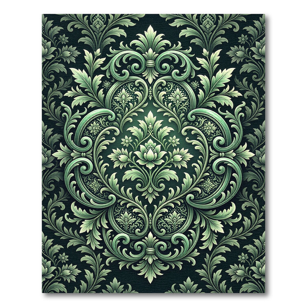 Emerald Green Damask Scrollwork Floral Rug