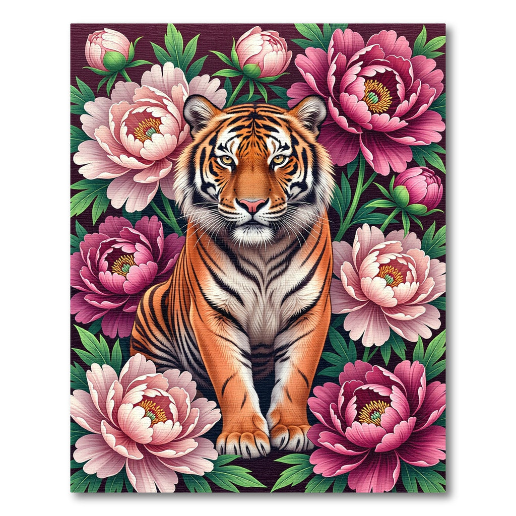 Majestic Tiger amidst Lush Pink Peonies Rug