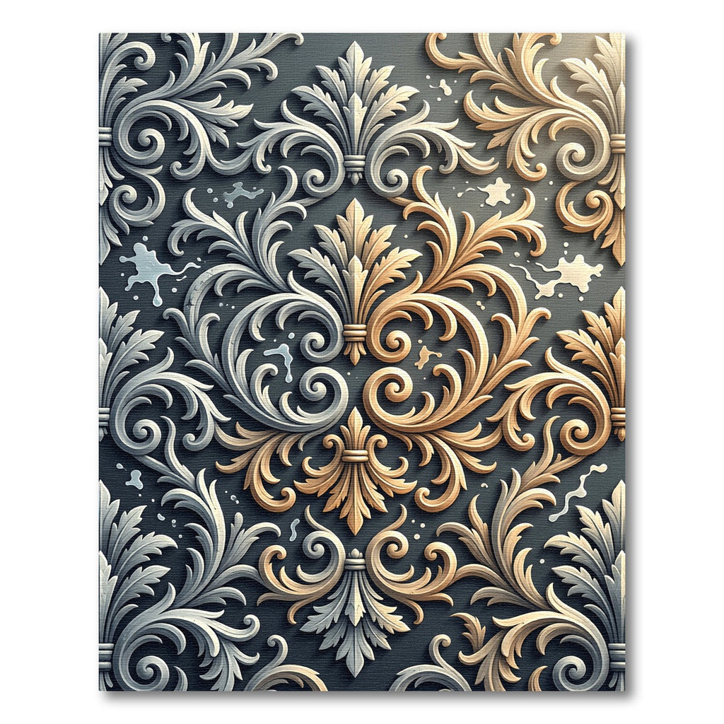 Elegant Silver and Gold Ornate Scroll Rug