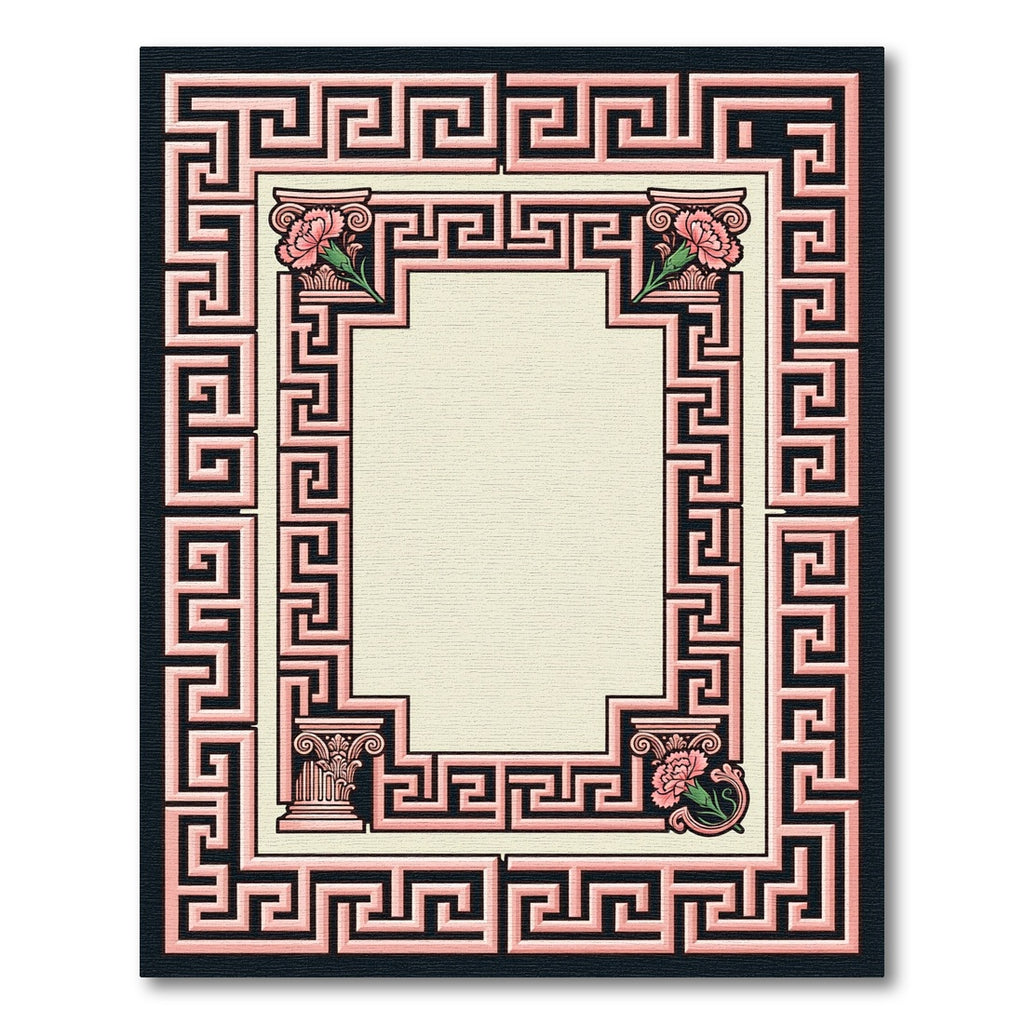Pink Greek Key Floral Pillar Frame Rug