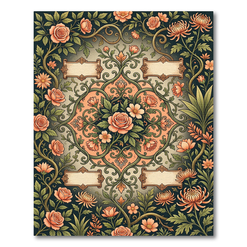 Coral Floral Rose Vine Medallion Rug