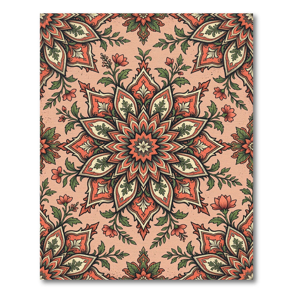 Coral And Green Floral Medallion Rug