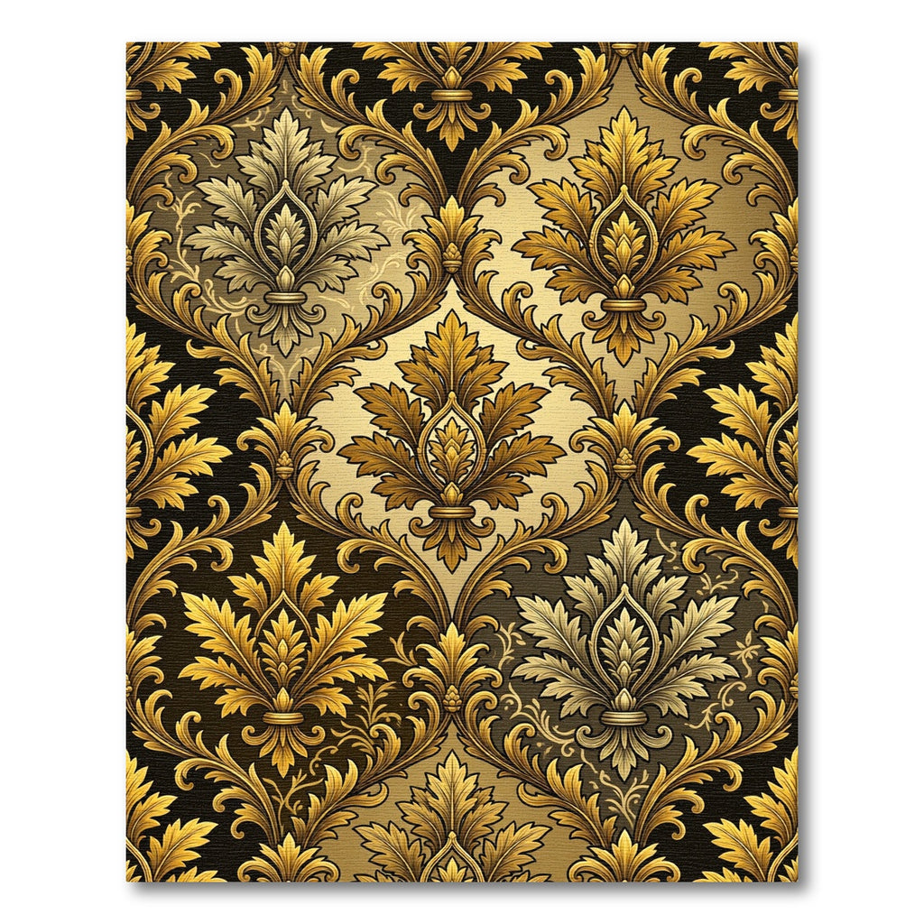 Elegant Golden Damask Leaf Scroll Rug
