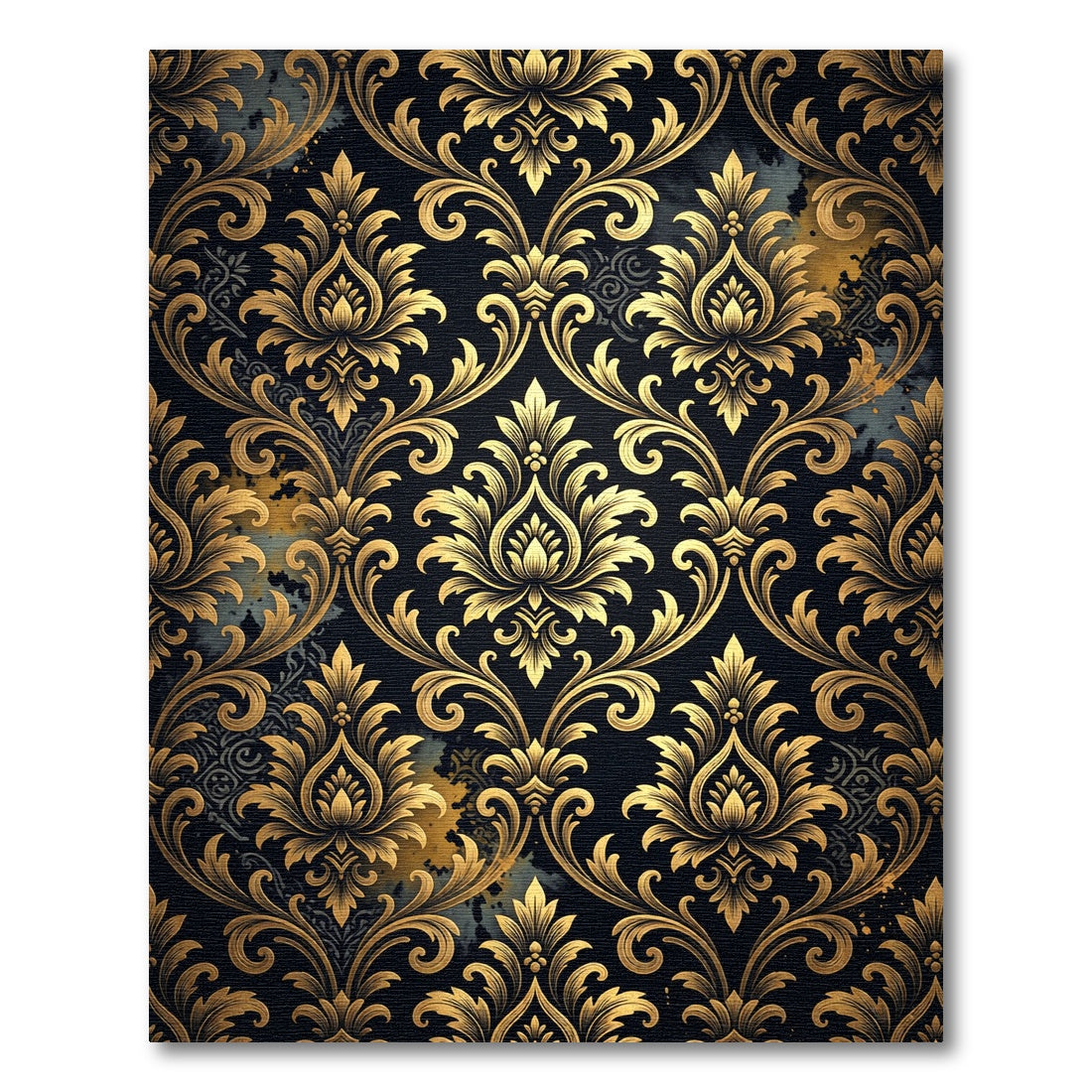 Ornate Gold Black Damask Scrollwork Rug