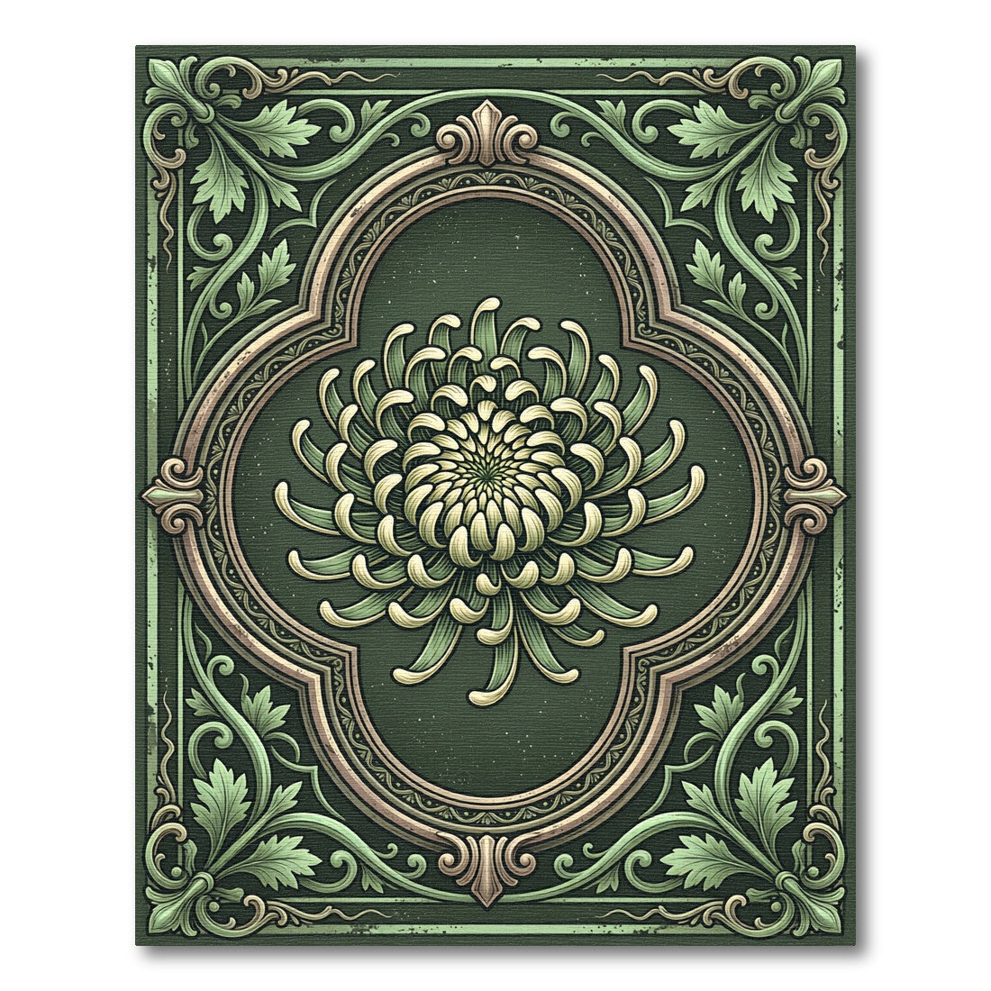 Sage Green Ornate Chrysanthemum Floral Medallion Rug