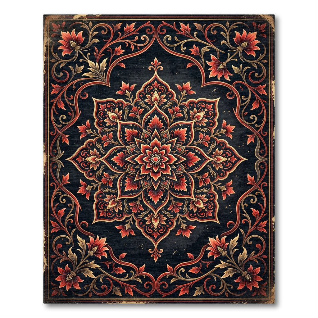 Ornate Crimson Floral Medallion Abstract Rug