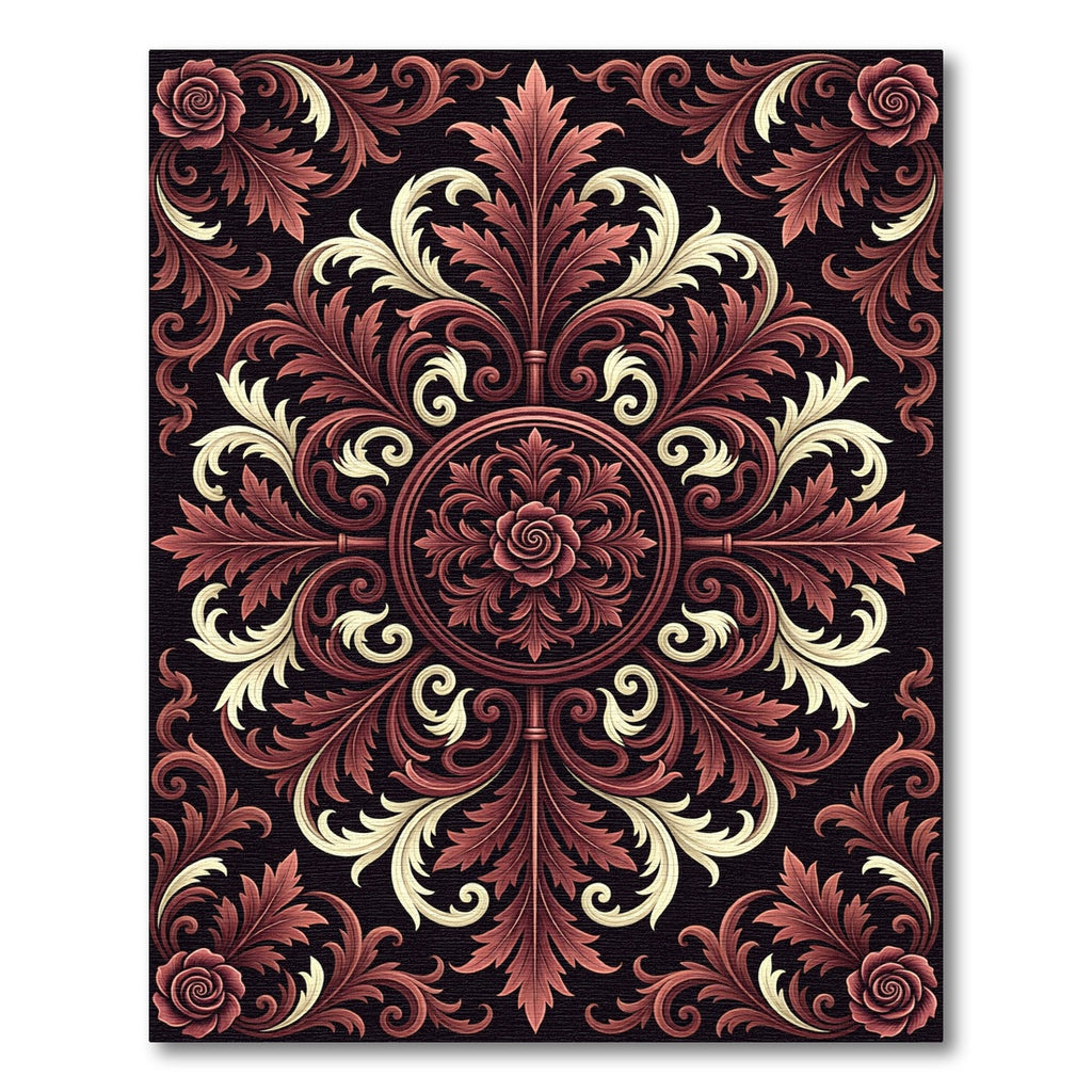 Crimson Rose Scrollwork Ornamental Rug