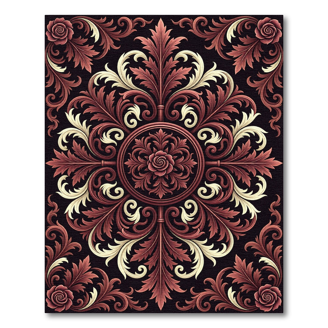 Crimson Rose Scrollwork Ornamental Rug