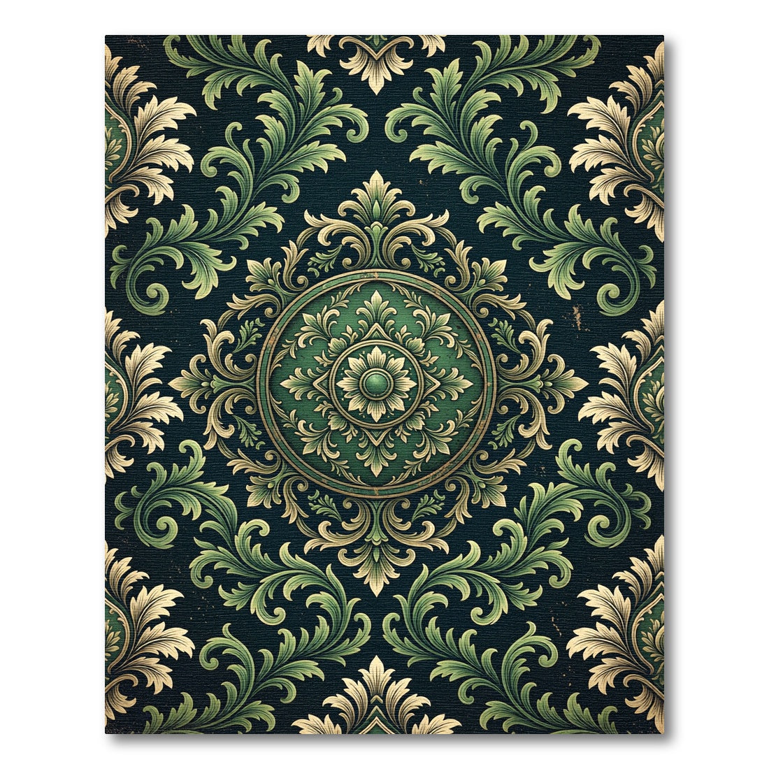 Elegant Emerald Green Baroque Medallion Scroll Rug