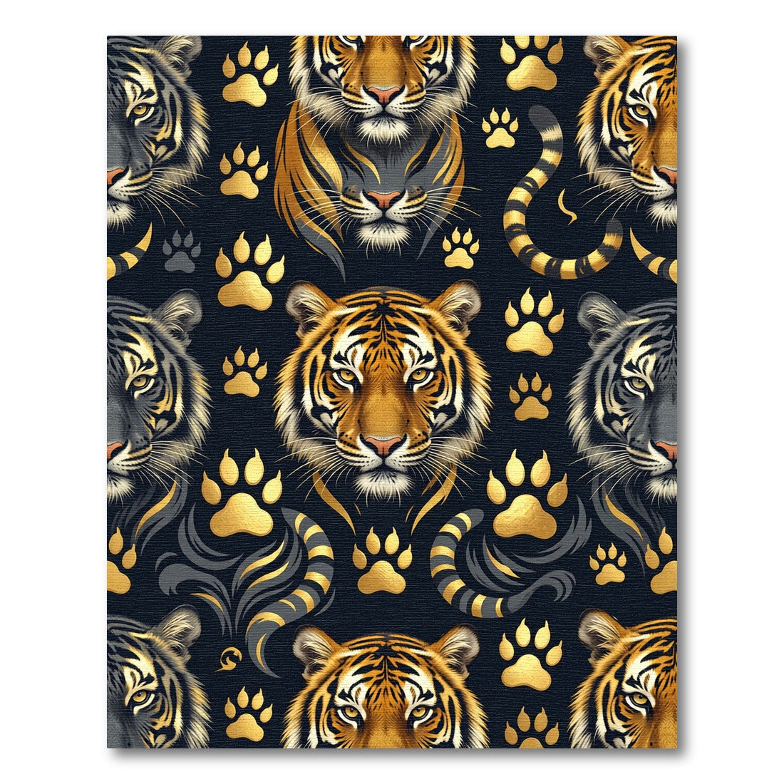 Golden Tiger Heads and Paw Tracks Rug