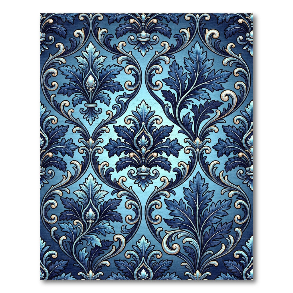 Deep Blue Damask Floral Scroll Rug
