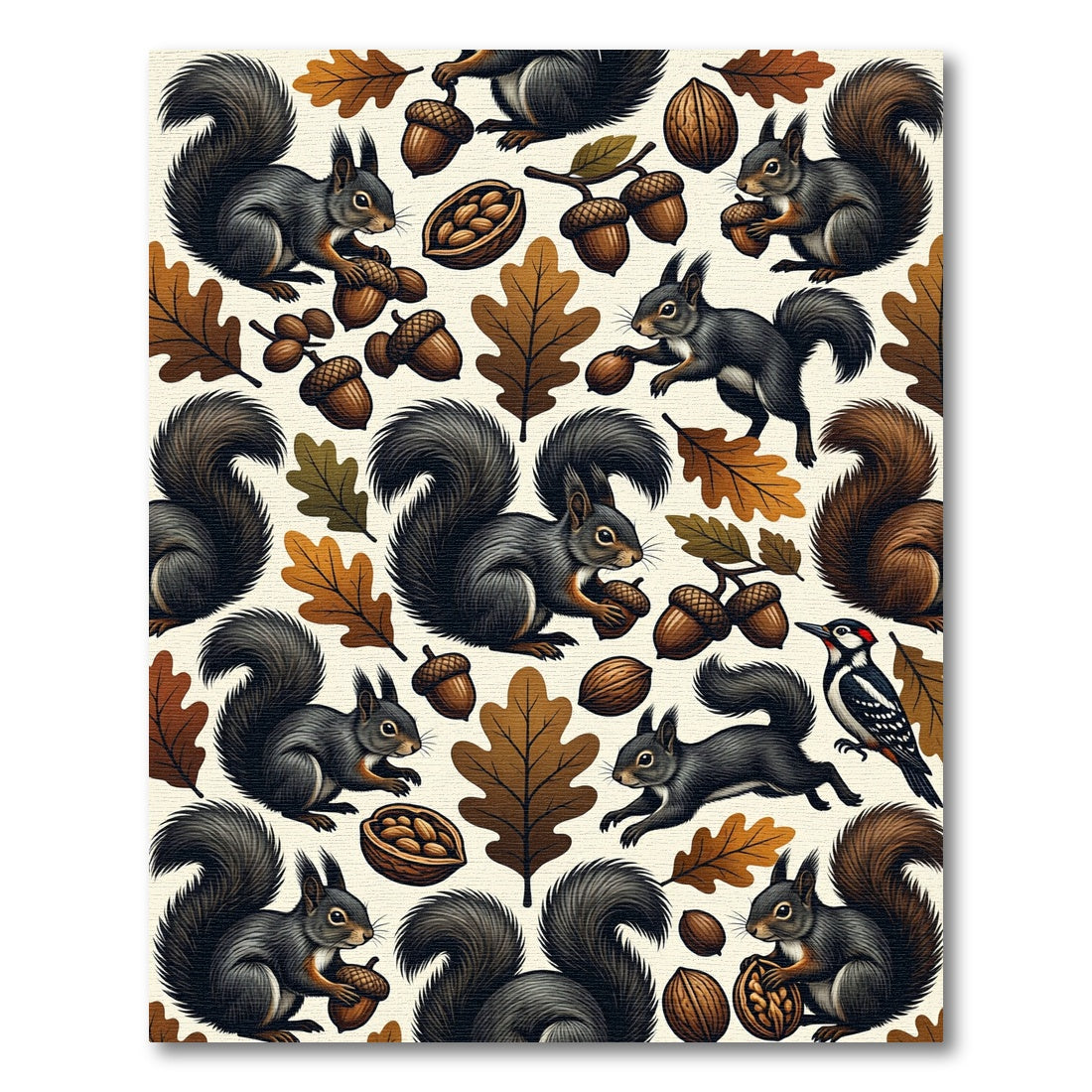 Autumnal Woodland Squirrel and Acorn Illustration Rug