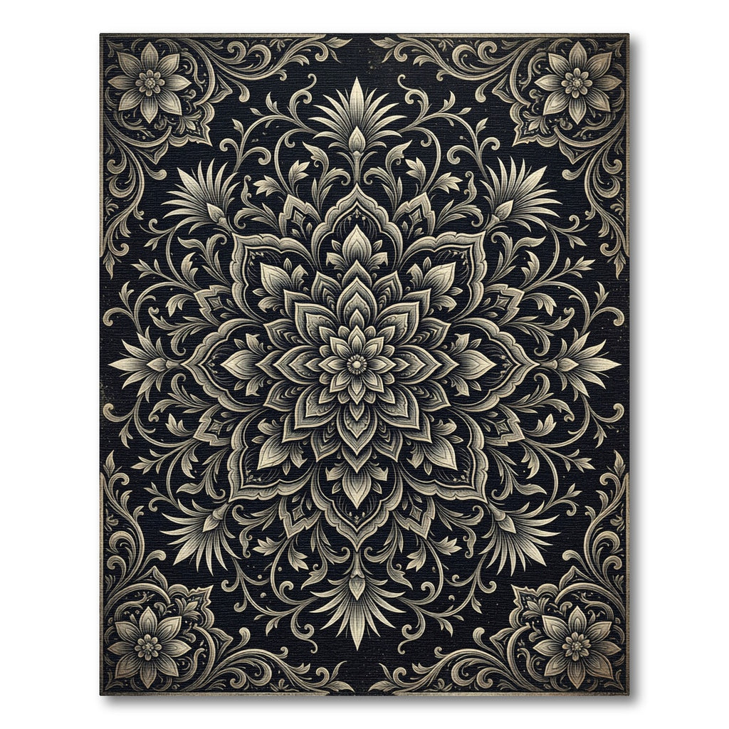 Elegant Charcoal Floral Ornate Medallion Rug