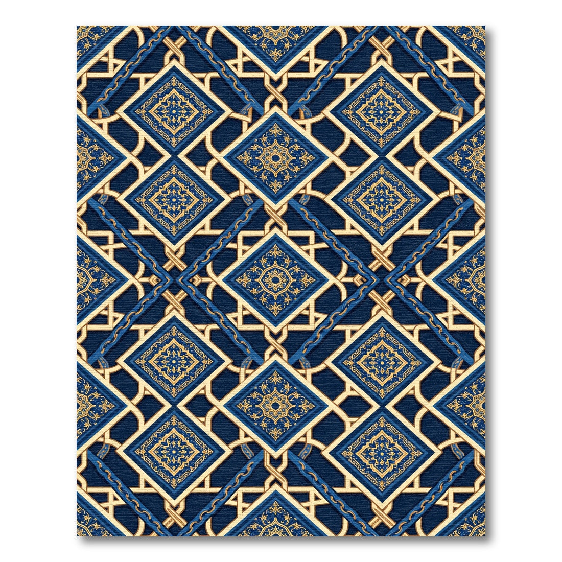 Ornate Navy Gold Geometric Tile Rug