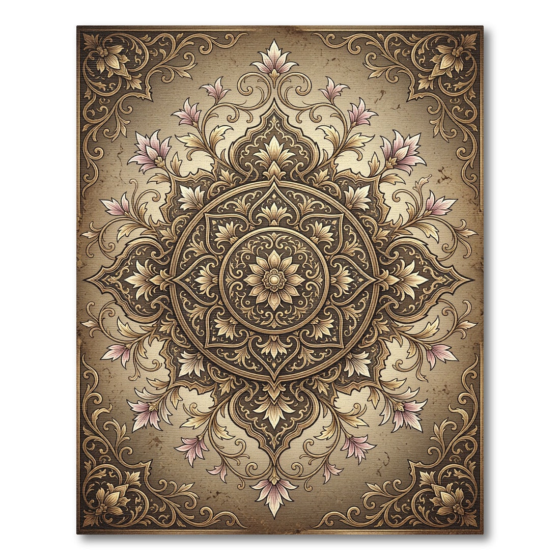 Vintage Golden Floral Medallion Scroll Rug