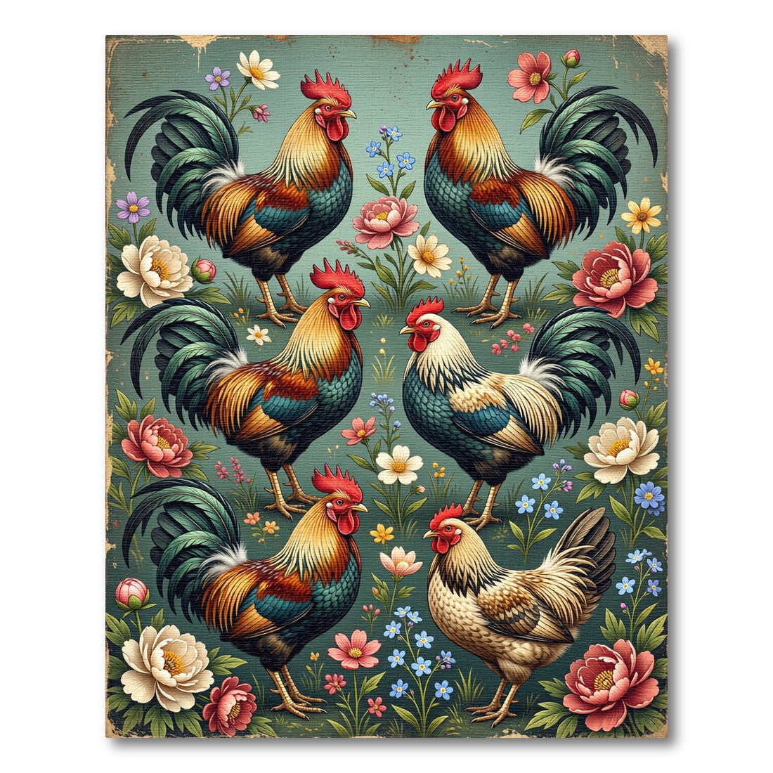 Vintage Rooster and Floral Foliage Illustration Rug