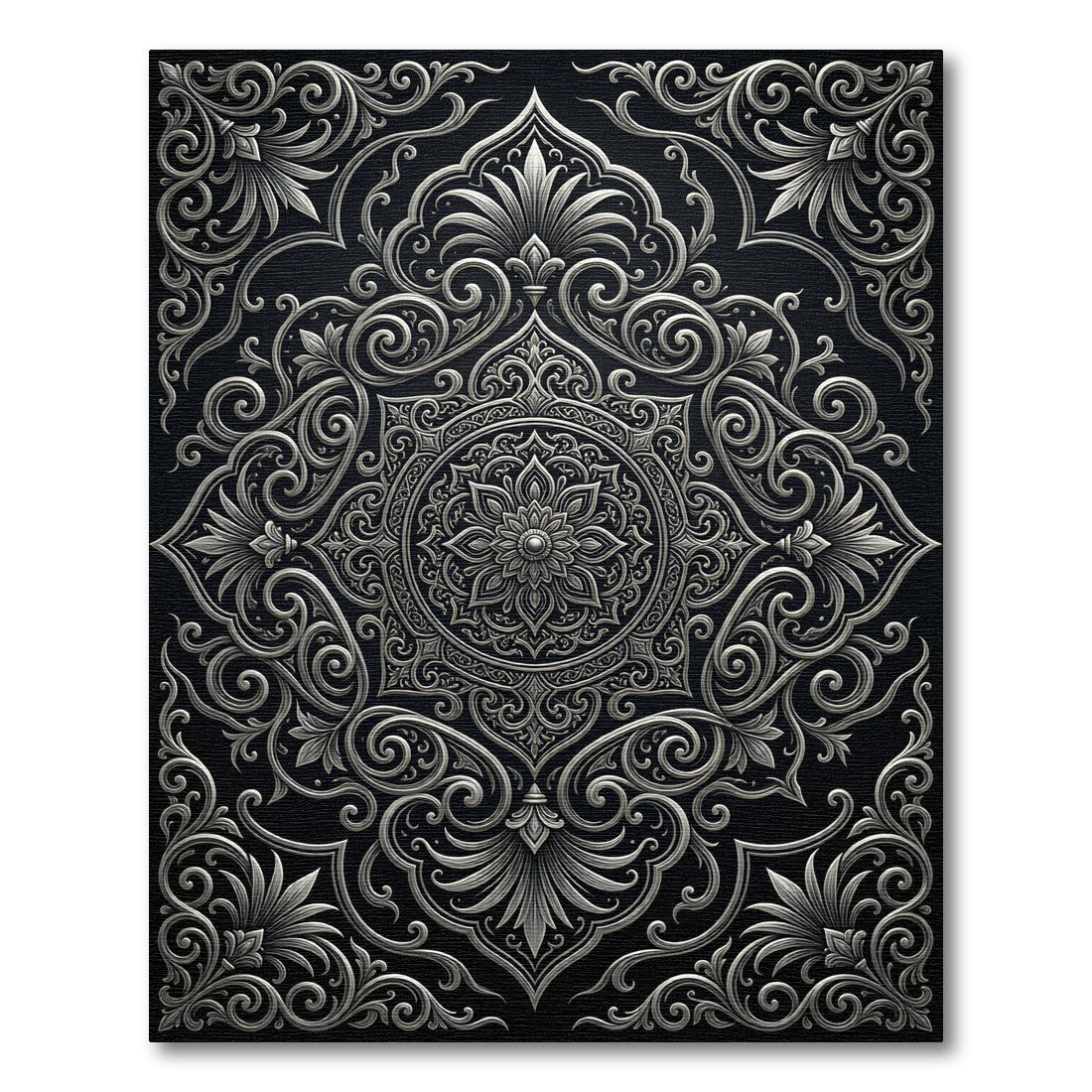 Ornate Silver Mandala Black Background Rug