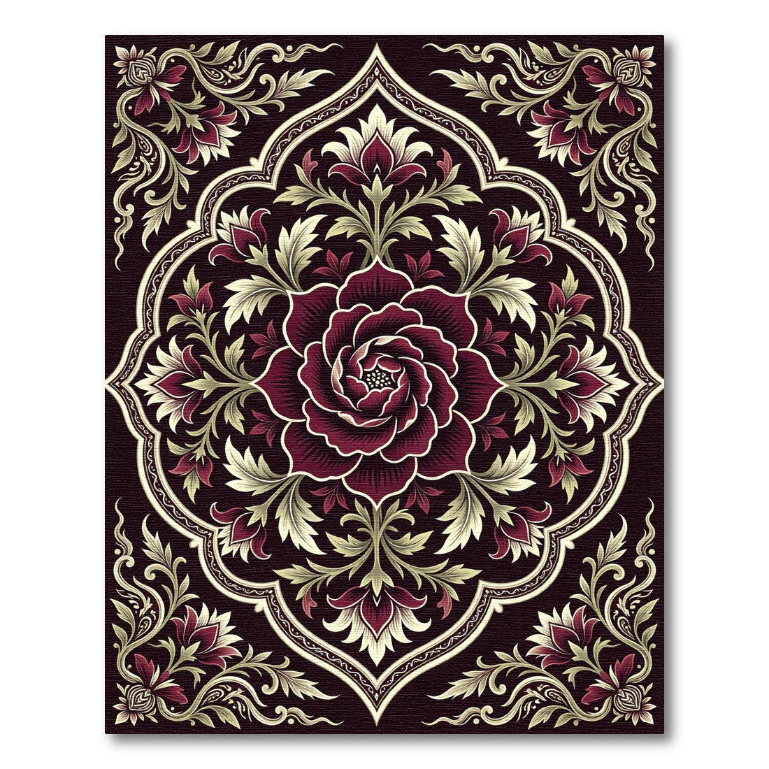 Deep Burgundy Floral Medallion Floret Rug