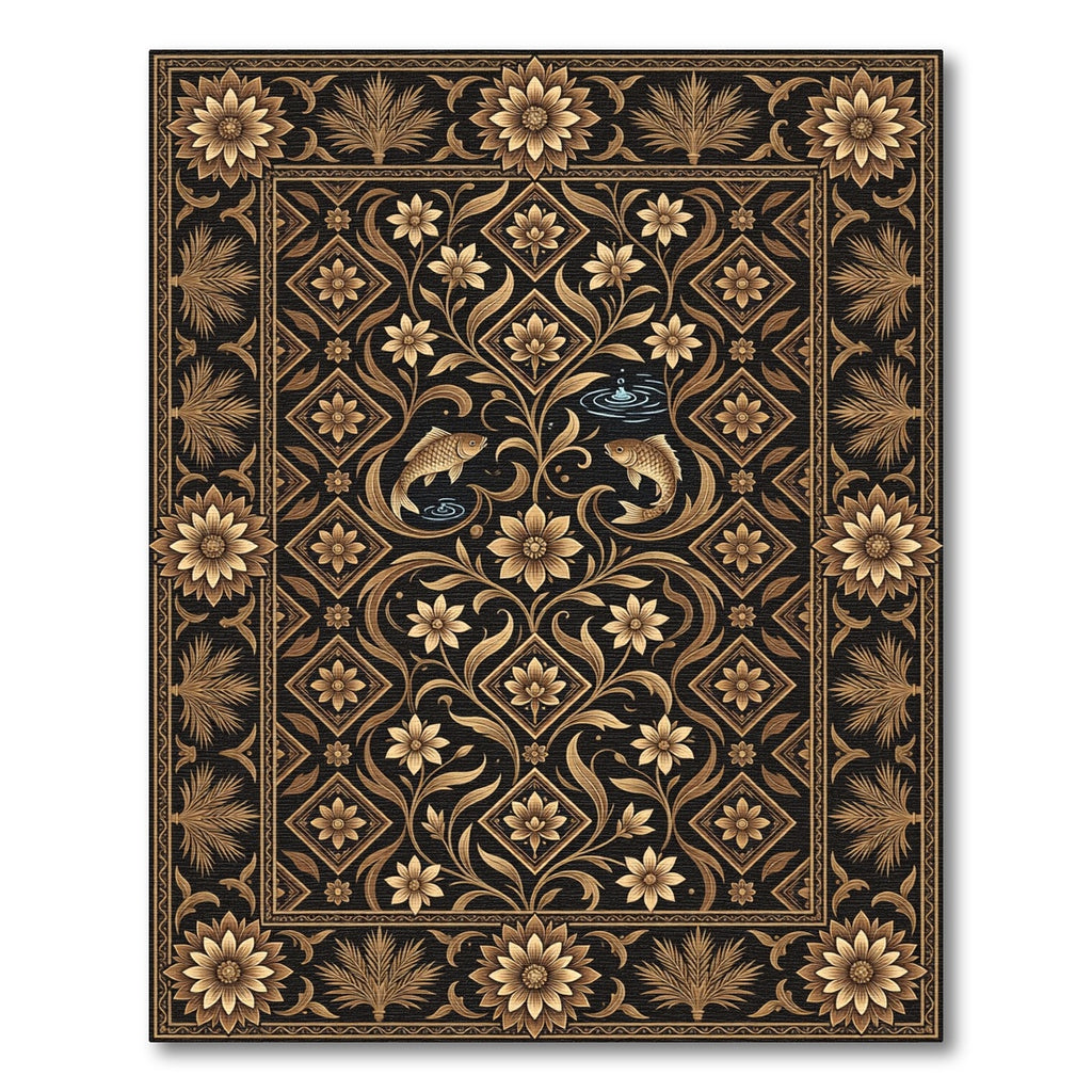 Golden Floral Fish Black Rug