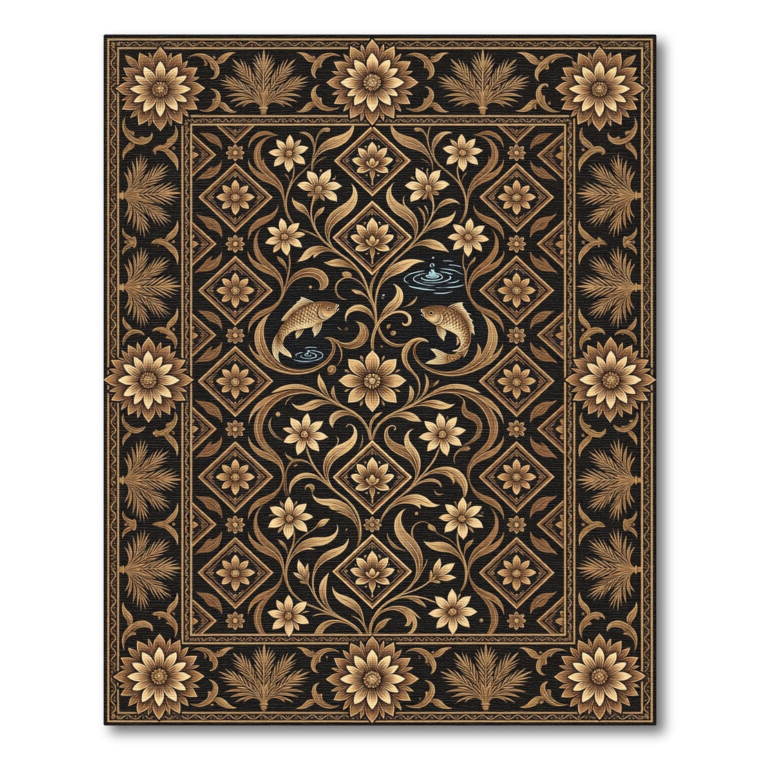 Golden Floral Fish Black Rug