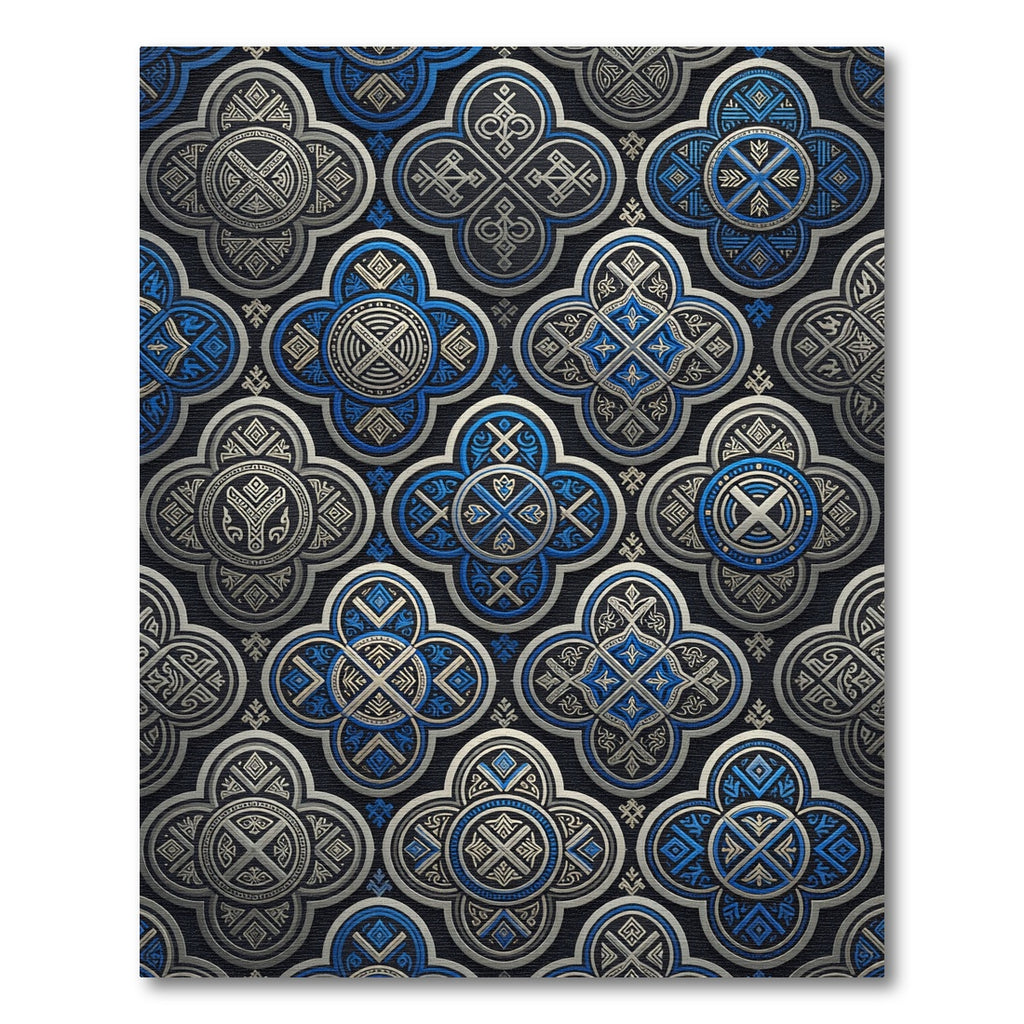 Blue Silver Ornate Quatrefoil Geometric Tile Rug