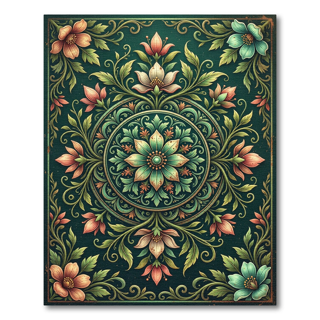 Ornate Emerald Floral Circular Medallion Rug