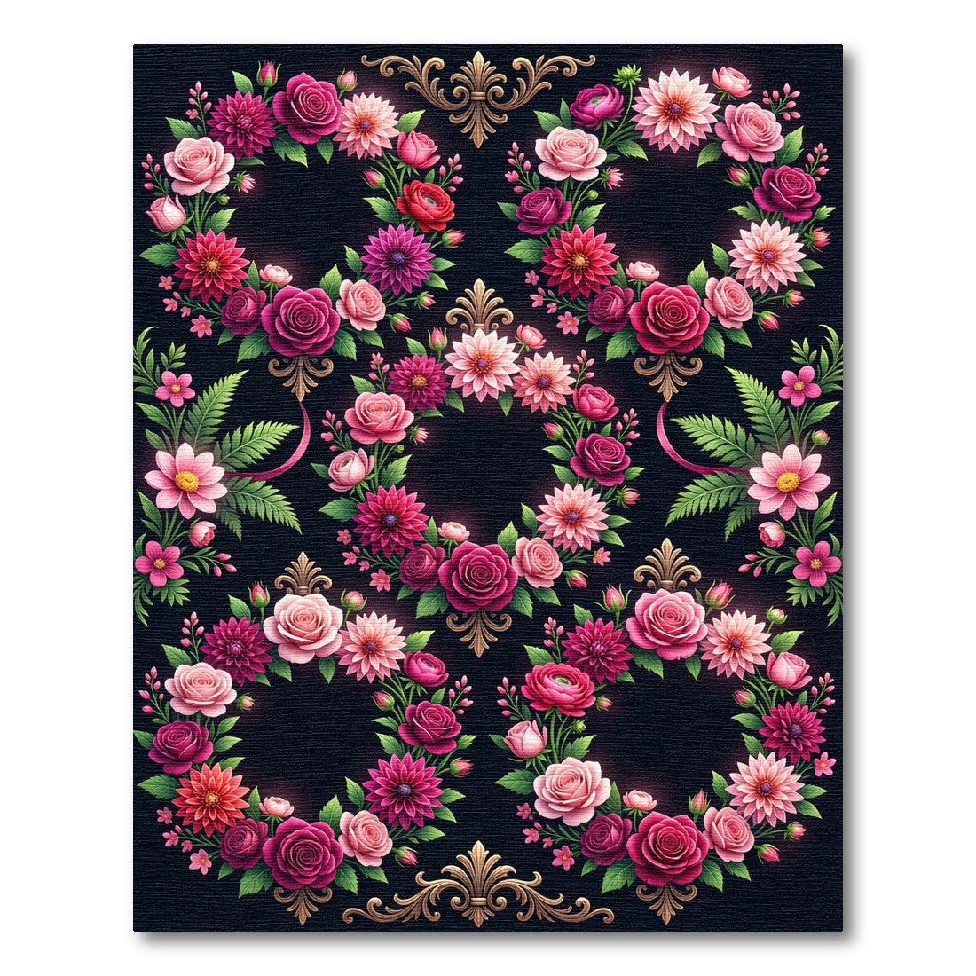 Elegant Pink Rose Floral Wreath Rug