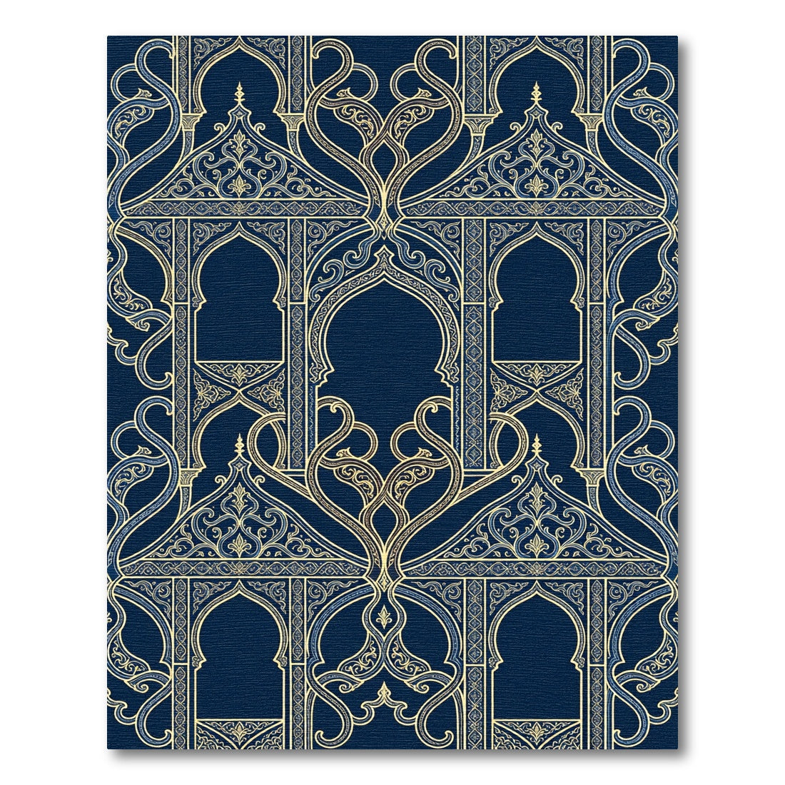 Midnight Blue Gold Arabesque Arch Rug