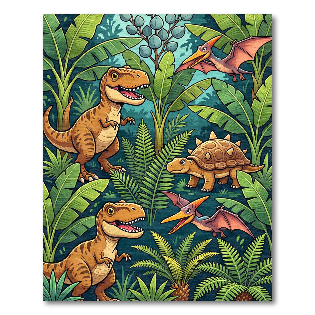 Vibrant Tropical Jungle Dinosaur Scene Rug