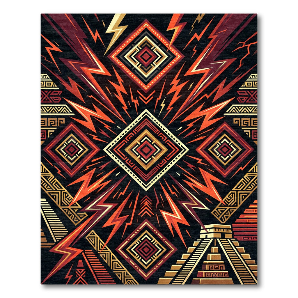Geometric Crimson Gold Mayan Lightning Art Rug