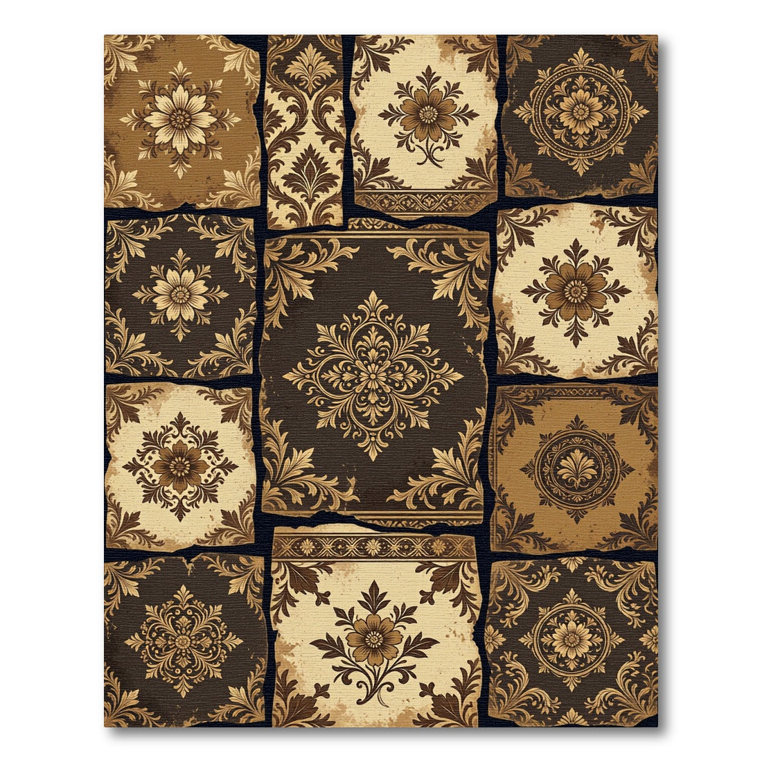 Vintage Brown Damask Floral Patchwork Rug