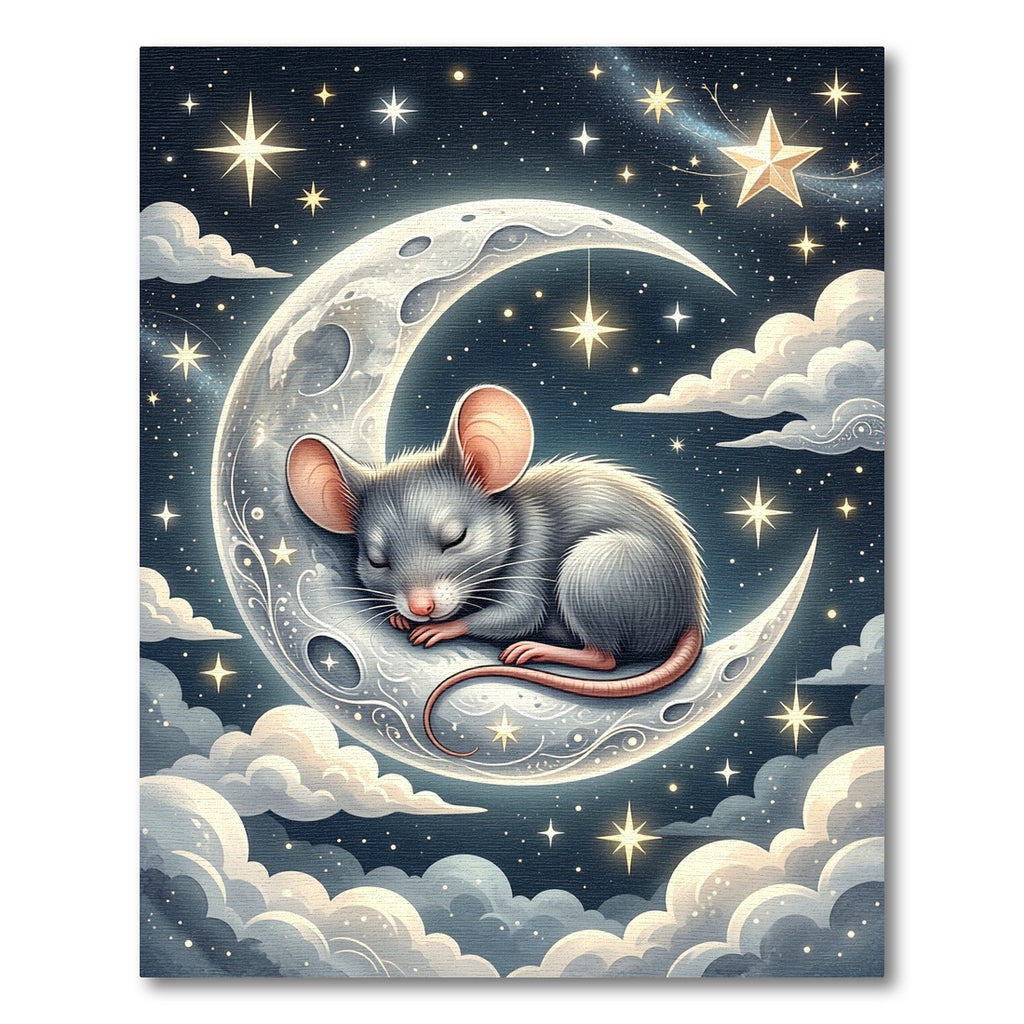 Whimsical Celestial Sleeping Mouse Crescent Moon Rug