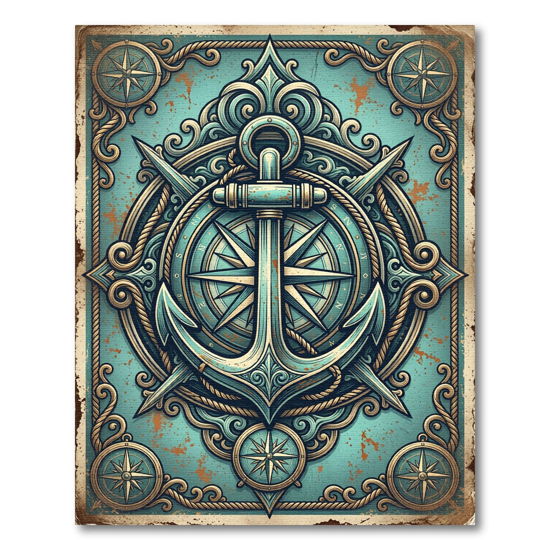 Vintage Nautical Anchor Compass Teal Decor Rug