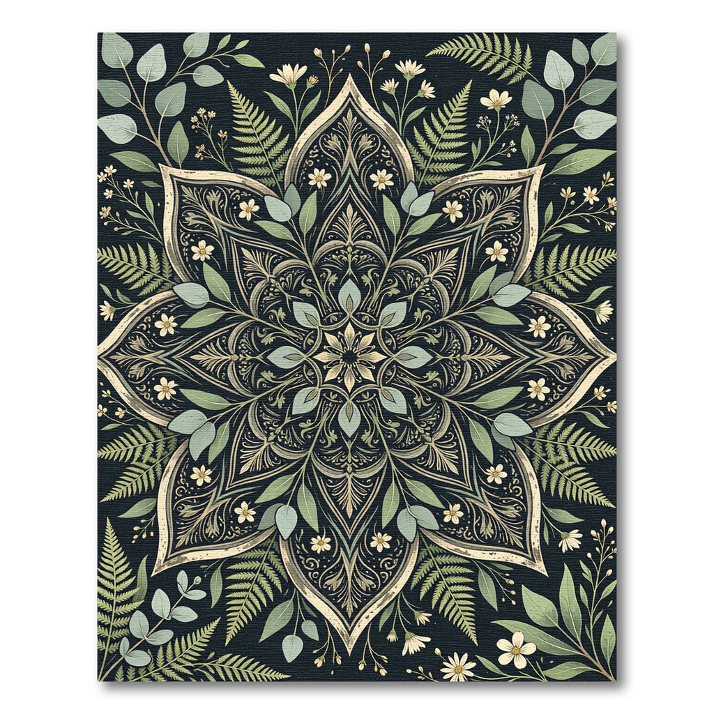 Botanical Green Fern and Wildflower Mandala Rug
