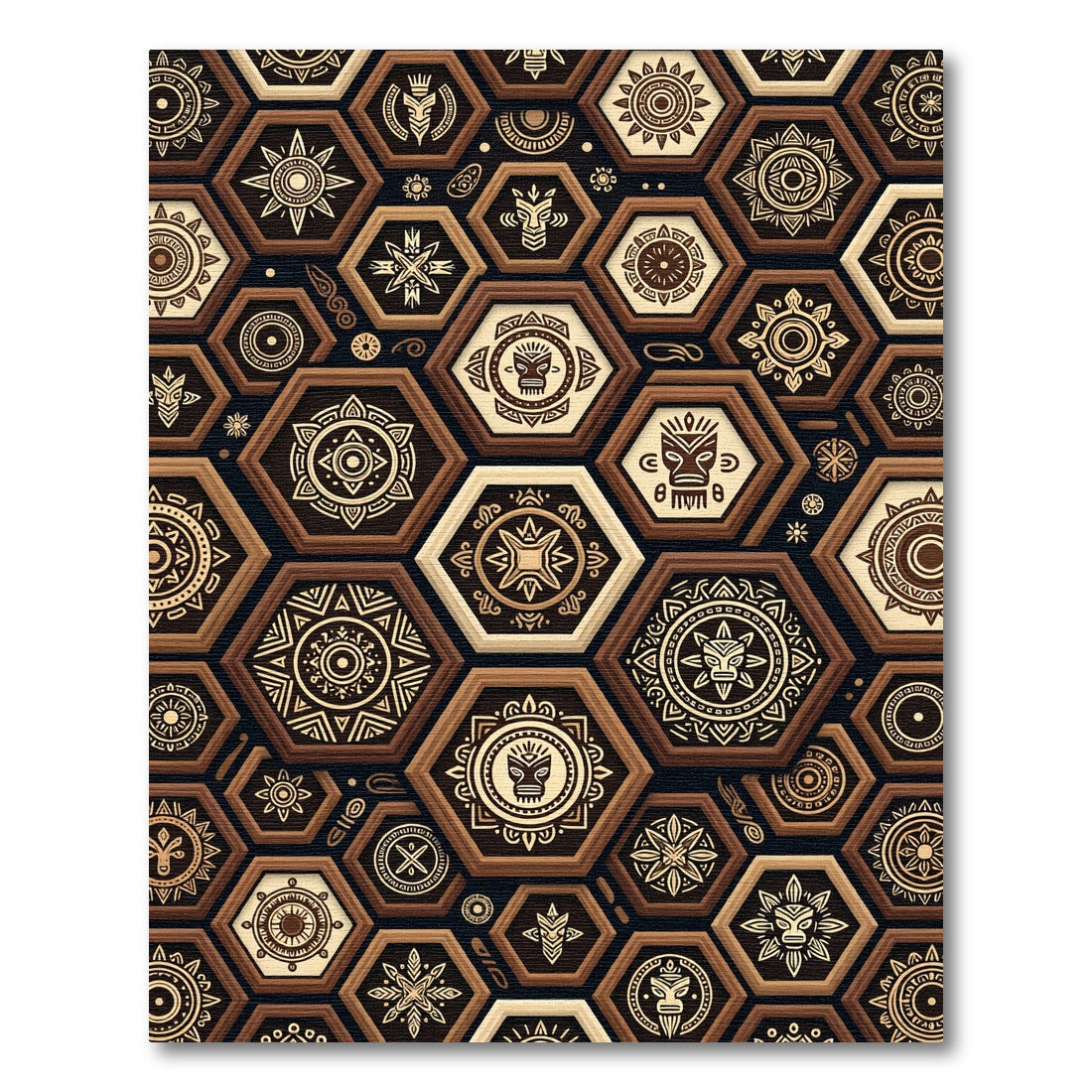 Beige Brown Hexagonal Tribal Totem Rug