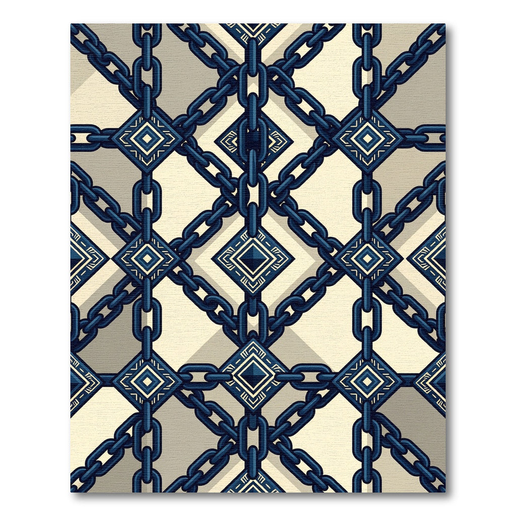 Geometric Navy Chain Interlocking Diamond Rug