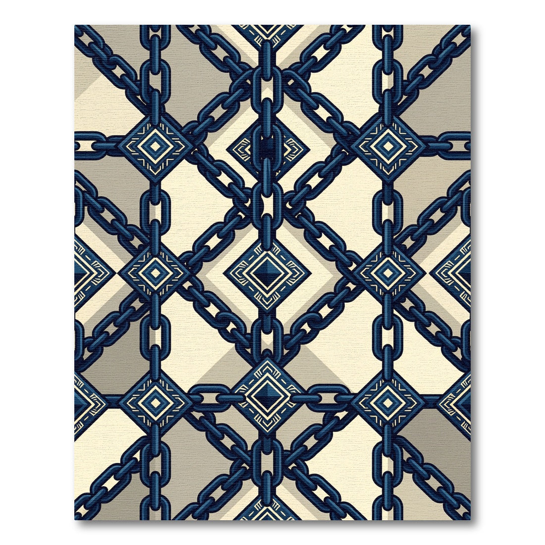Geometric Navy Chain Interlocking Diamond Rug