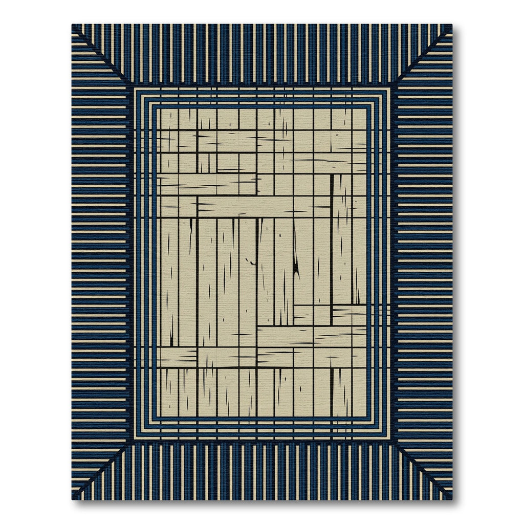 Japanese Wood Texture Navy Striped Border Rug