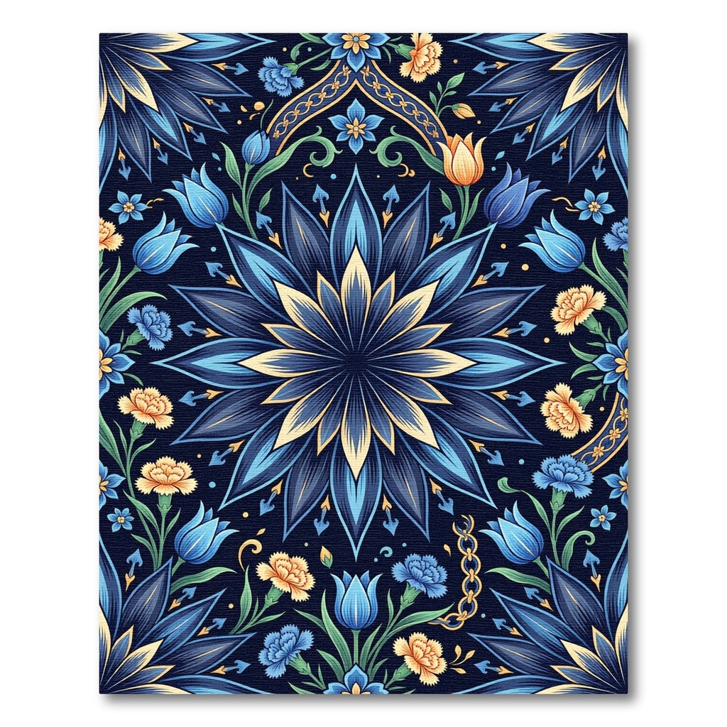 Deep Blue Floral Medallion Garden Rug