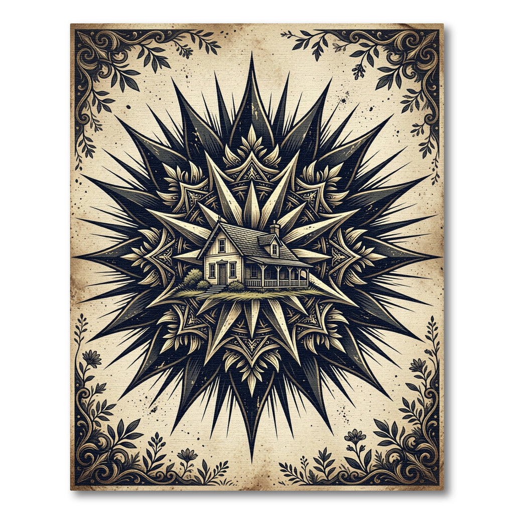 Vintage Starburst Lodge Black Cream Illustration Rug