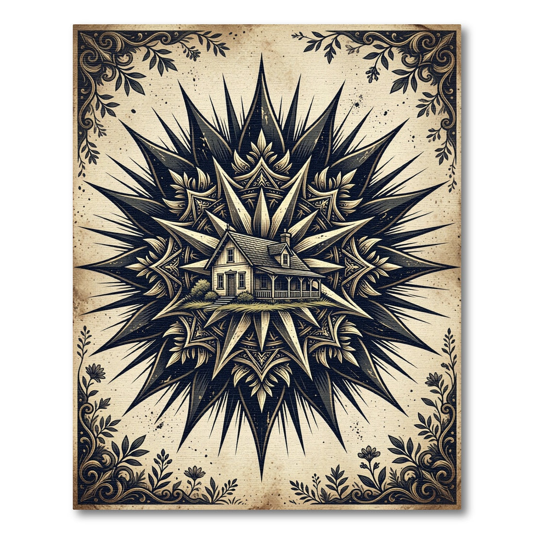 Vintage Starburst Lodge Black Cream Illustration Rug