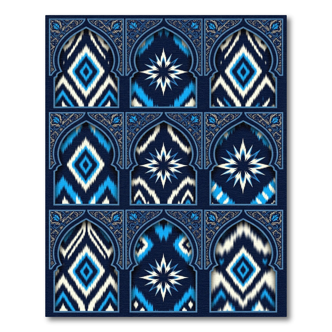 Azure Indigo Ikat Geometric Star Arches Rug