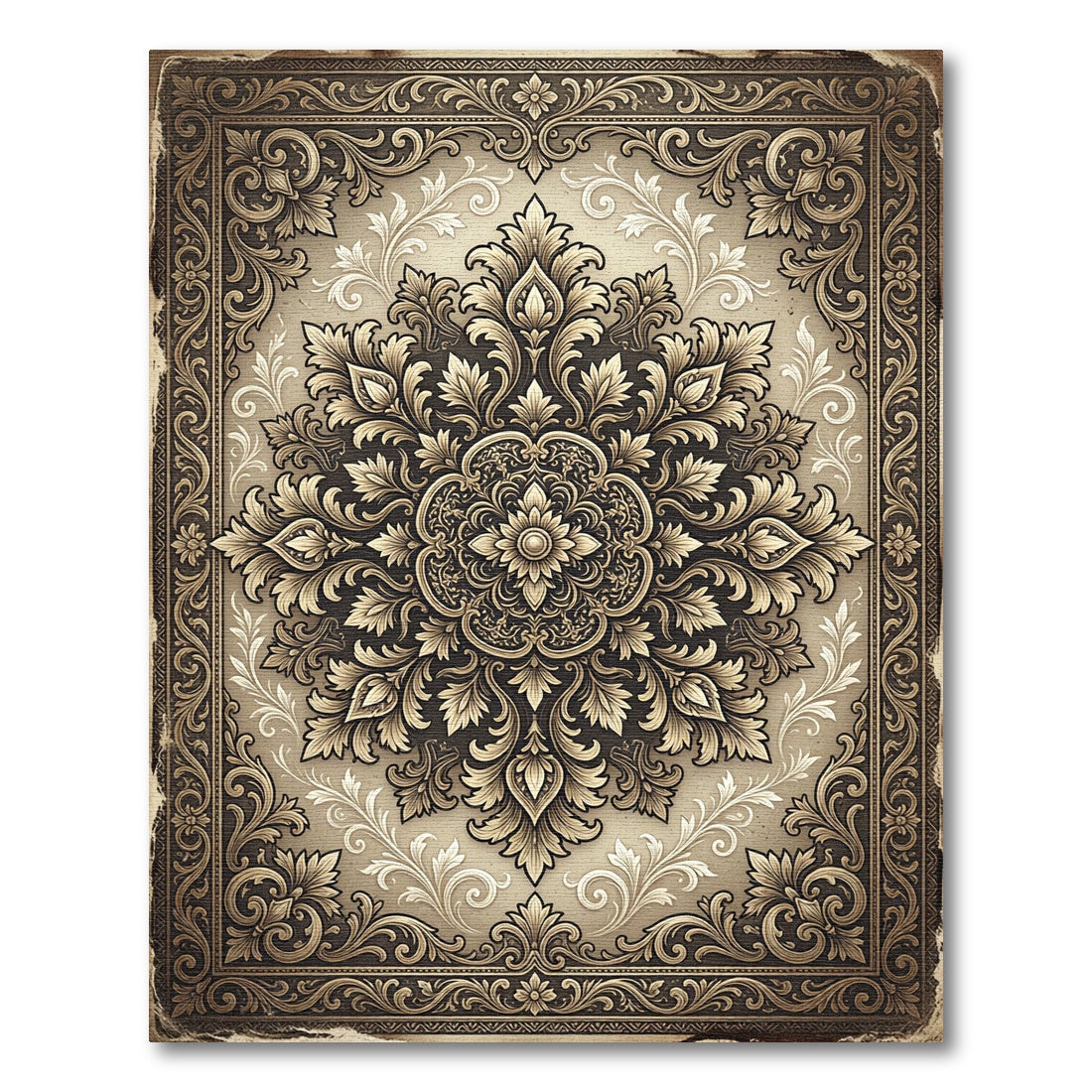 Ornate Gold Floral Damask Medallion Rug