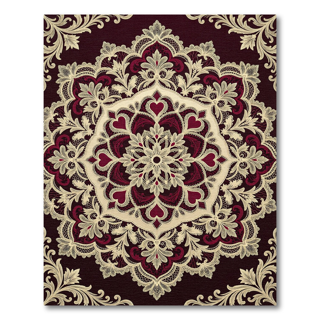 Burgundy Cream Lace Medallion Arrangement Rug