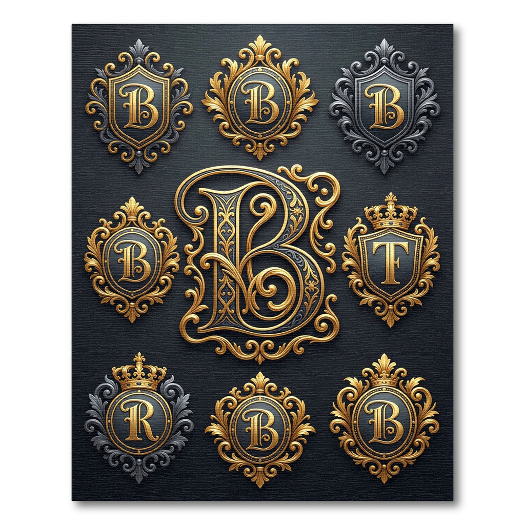 Ornate Golden Gothic Initial Crest Rug