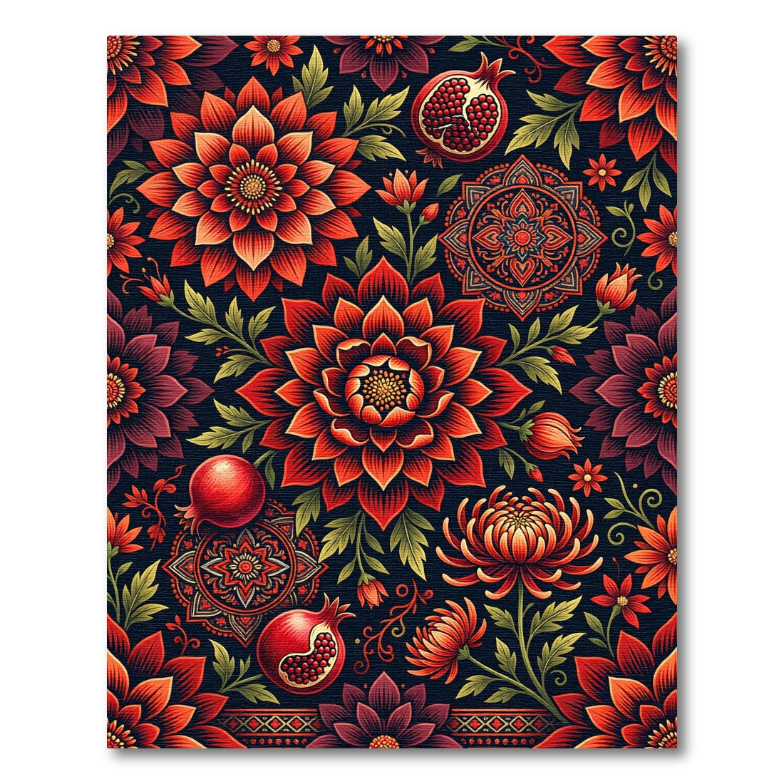 Crimson Red Floral Pomegranate Mandala Rug