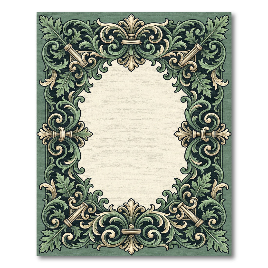 Green Accented Floral Scrollwork Frame Rug