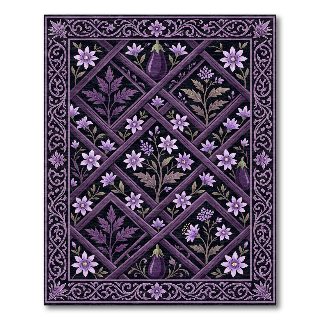 Dark Purple Floral Trellis Aubergine Rug