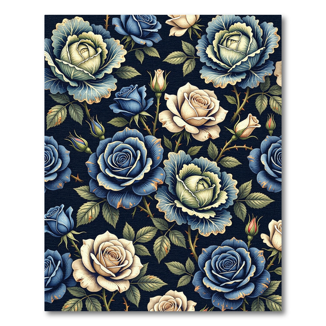 Elegant Navy and Cream Rose Garden Rug