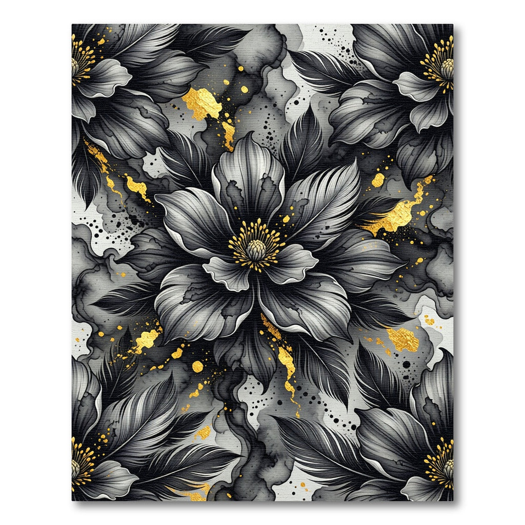 Elegant Black Floral Gold Ink Flow Rug